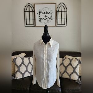 120% Lino Women's Cream Floral Design Button-Down 100% Linen Top Size 44 US 8 M